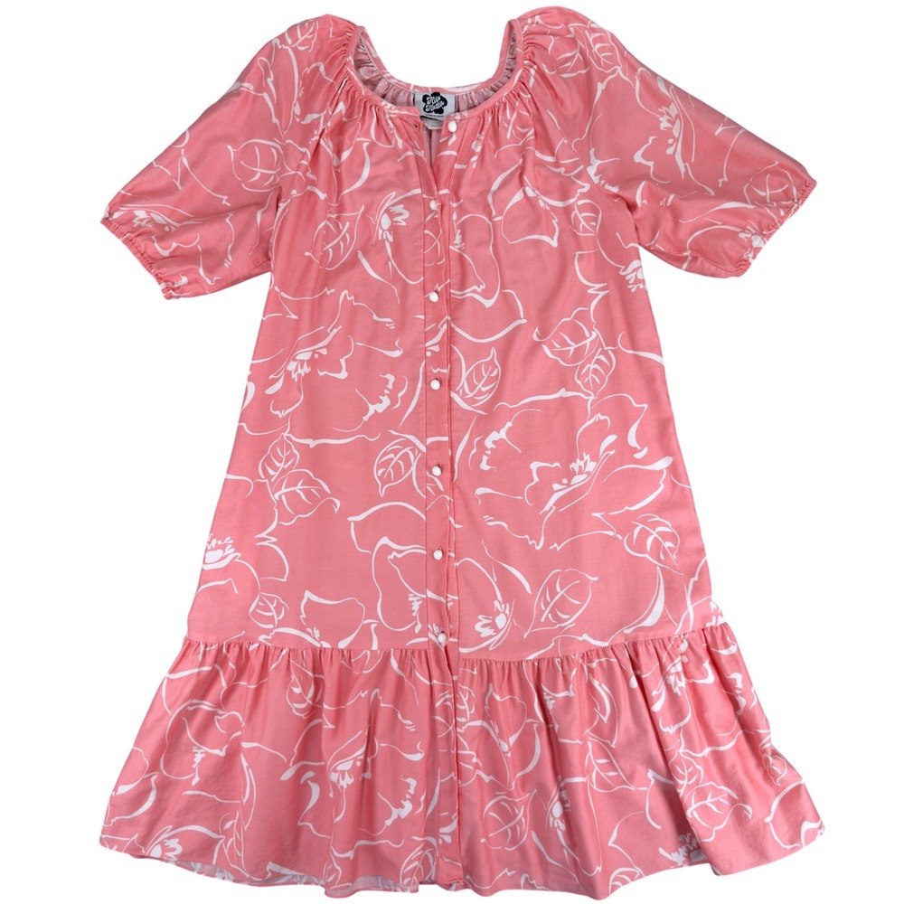 Hilo‎ Hattie Vtg Floral Puff Short Sleeve Ruffle Hem Midi Dress Pink White MED